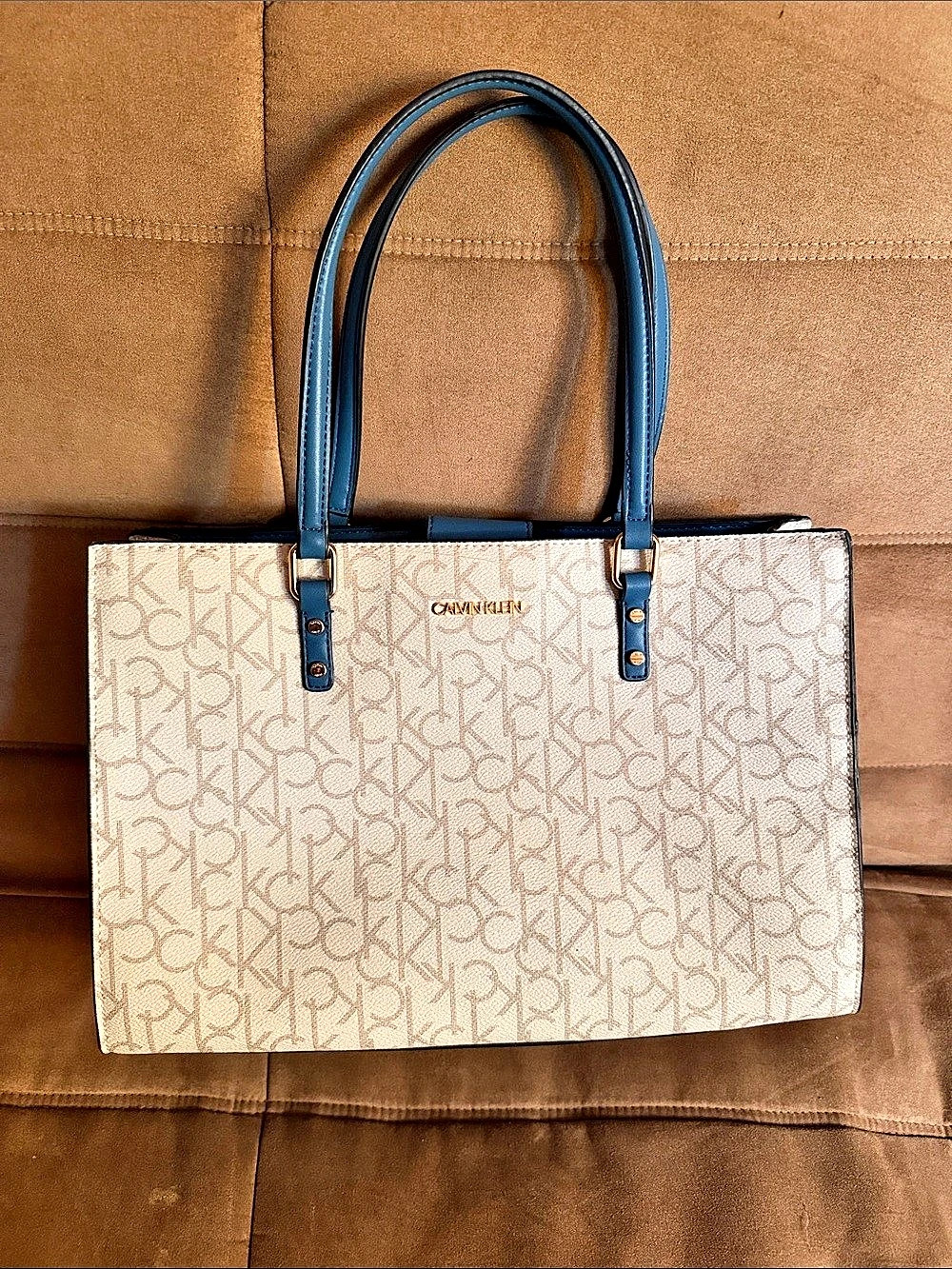 Calvin Klein Elaine Monogram Triple Compartment Tote White & Blue